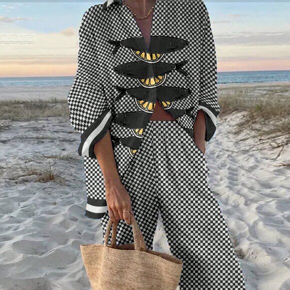 Black Casual Women's Beach Oversized Plaid Long-Sleeved Shirt & Trousers Set